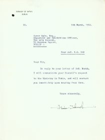 Letter from F. Takeuchi, Embassy of Japan to Speer Ogle, Organiser and Exhibitions Officer, the Arts Council. 
